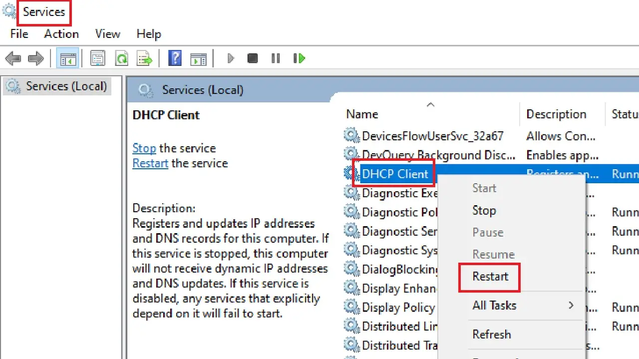 look for DHCP Client