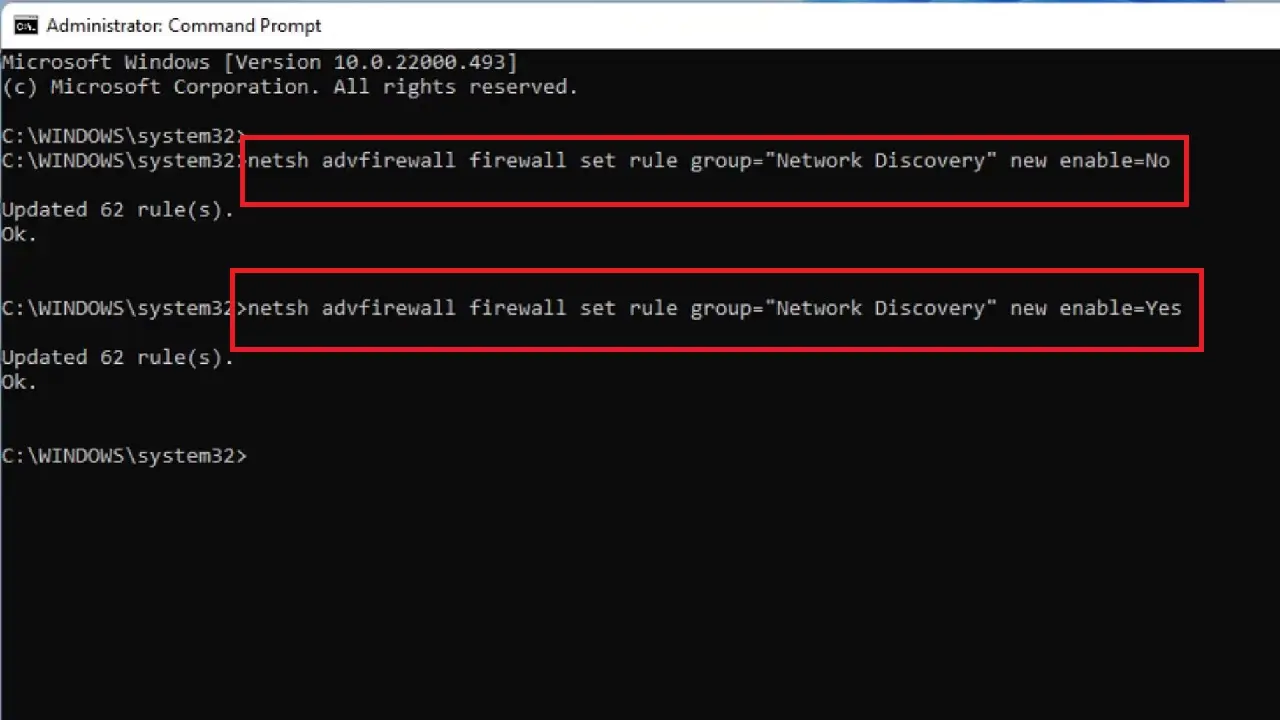 netsh advfirewall firewall set rule group= “Network Discovery” new enable=Yes