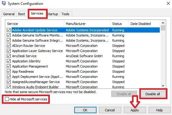 Click on the box next to ‘Hide all Microsoft services.