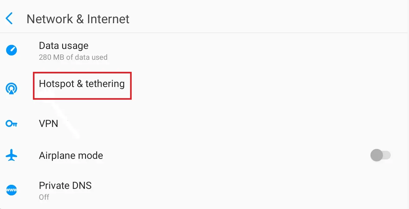 Click on Hotspot and Tethering