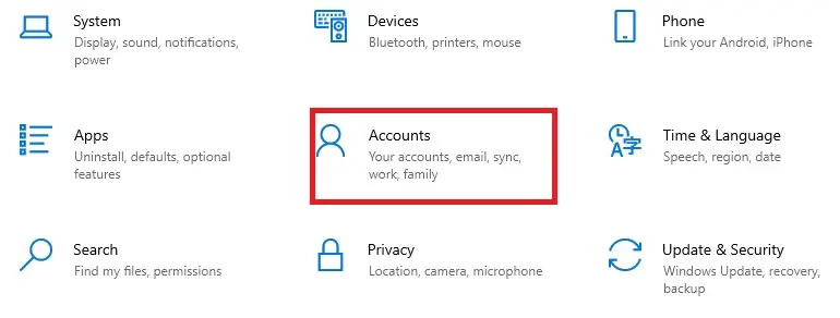 Choose Accounts from the Settings window