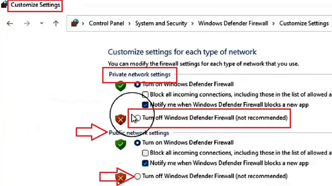 Turn off Windows Defender Firewall