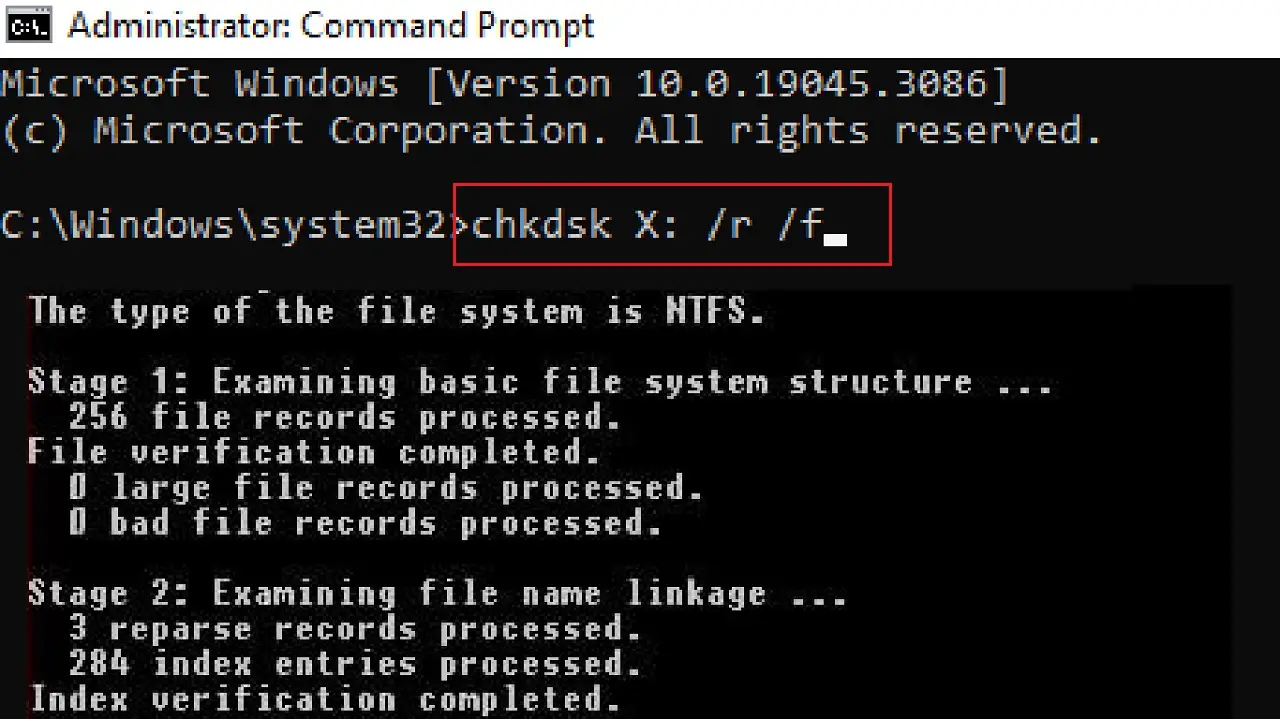 Typing the command chkdsk X: /r /f