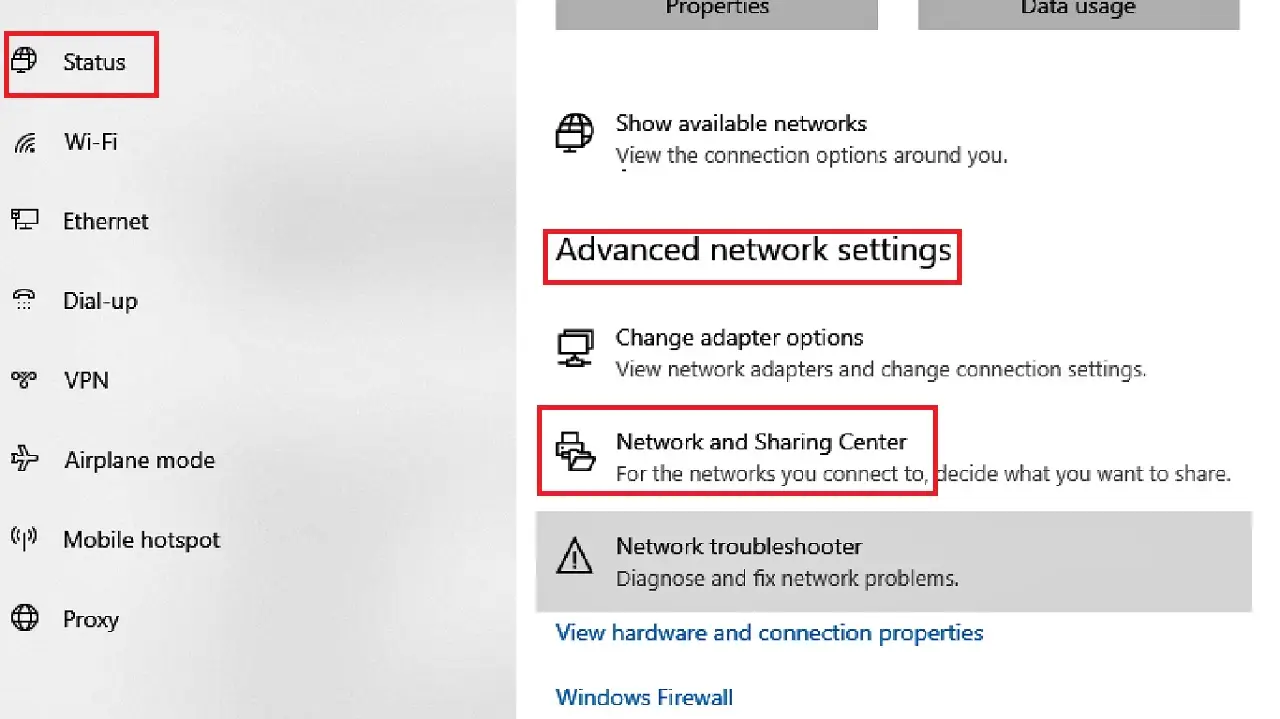 Clicking on the Network and Sharing Center option