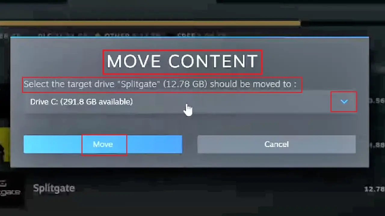 Selecting the target drive “Splitgate”
