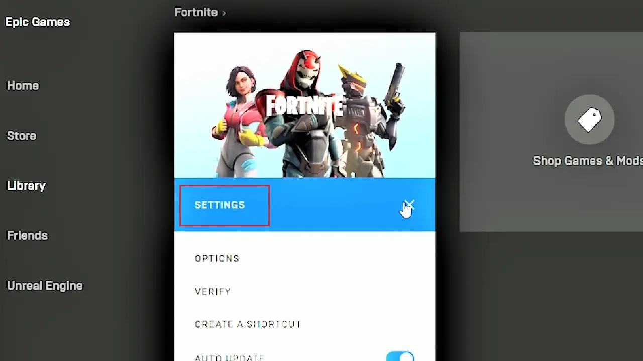 Clicking on the Settings button on the game
