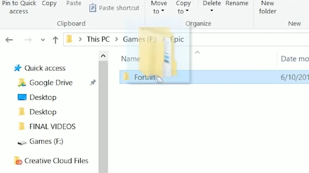 Dragging the Fortnite games folder