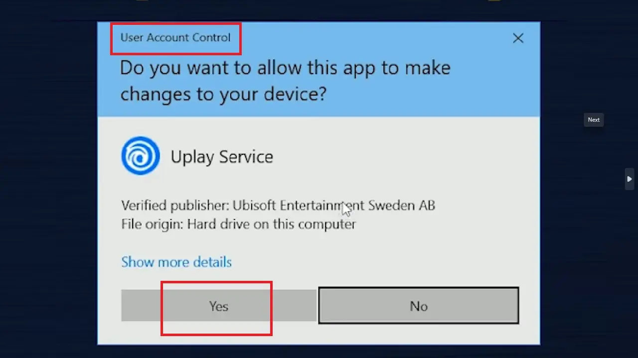Clicking on the Yes button on the User Account Control window