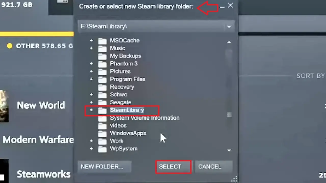 Selecting new Steam library folder