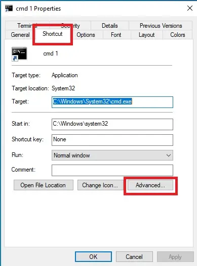 Click on the Advanced button in the Properties window
