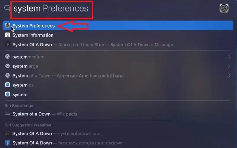 Simply type System Preferences in the box