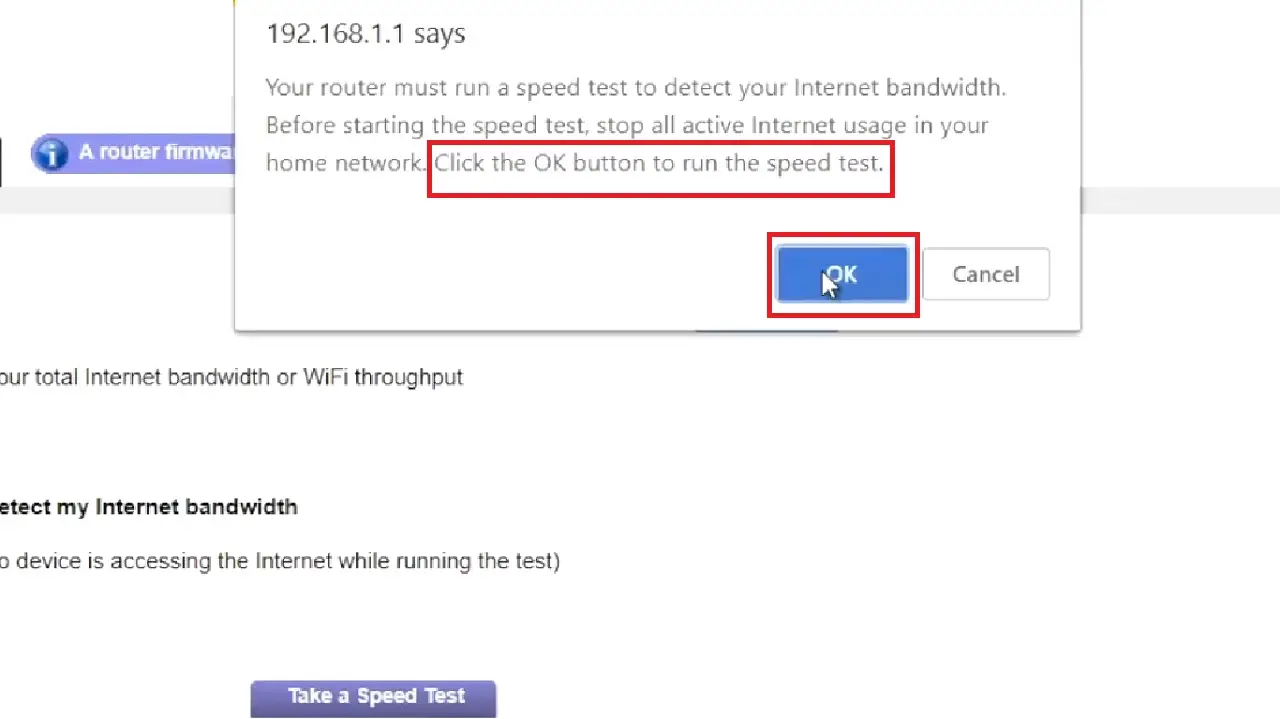 Clicking the OK button to run the speed test